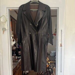 Brown Leather Double-Breasted Coat